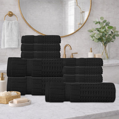 Ensemble de serviettes 9 pièces Willow - 100% coton peigné, qualité supérieure 630 g / m², noir, ultra doux et très absorbant (ensemble de 3 serviettes de bain, 6 serviettes de toilette)