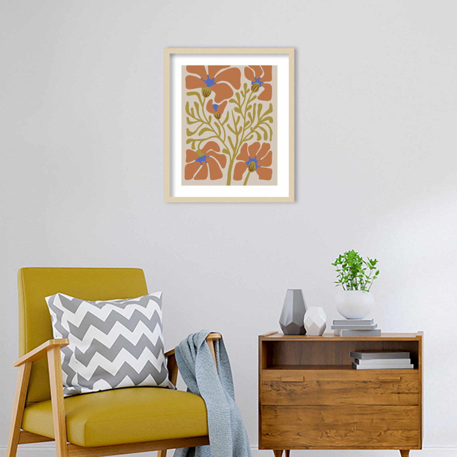Expressive Abstract House Plant Orange On Tan Framed On Paper by The Creative Bunch Studio Print, Brown, 25" H x 21" W x 1" D