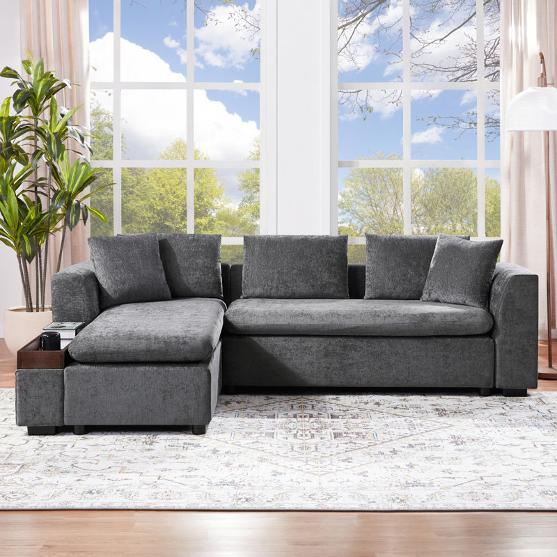 Canapé modulaire avec canapé en L 93,7 po et compartiment de rangement en bois pour salon, Gris chenille