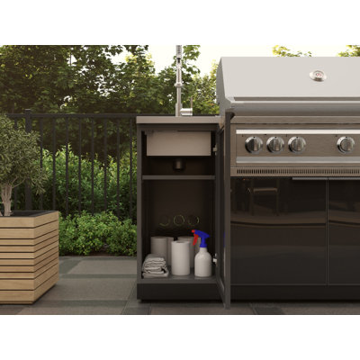 Ensemble d'armoires d'extérieur en aluminium noir 5 pièces avec évier, 3 tiroirs, armoire de barbecue, barbecue au gaz naturel performant 33 po, comptoir en acier inoxydable 16 po et robinet en nickel brossé