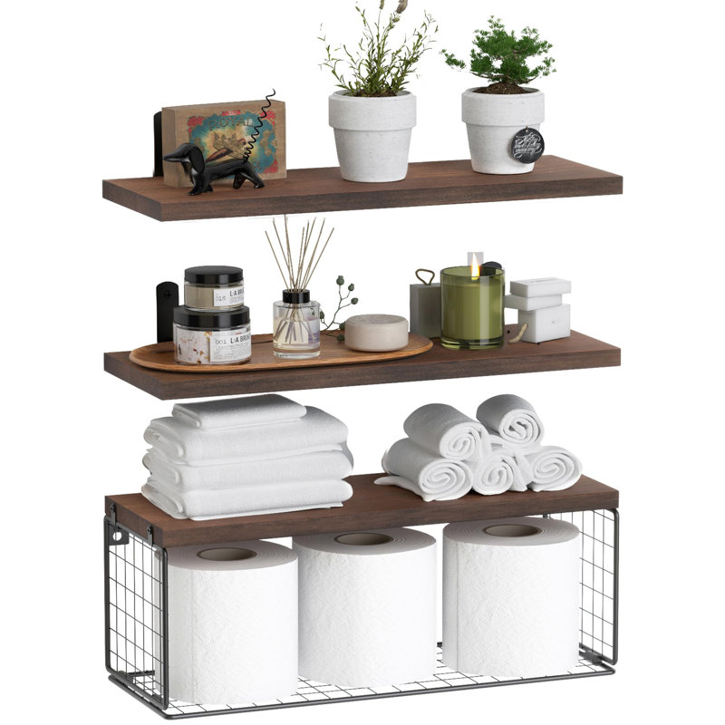 Bathroom Shelf Over Toilet, Floating Bathroom Shelf Wall Mounted With Wire Basket, Floating Shelf For Wall Décor-Rustic Brown