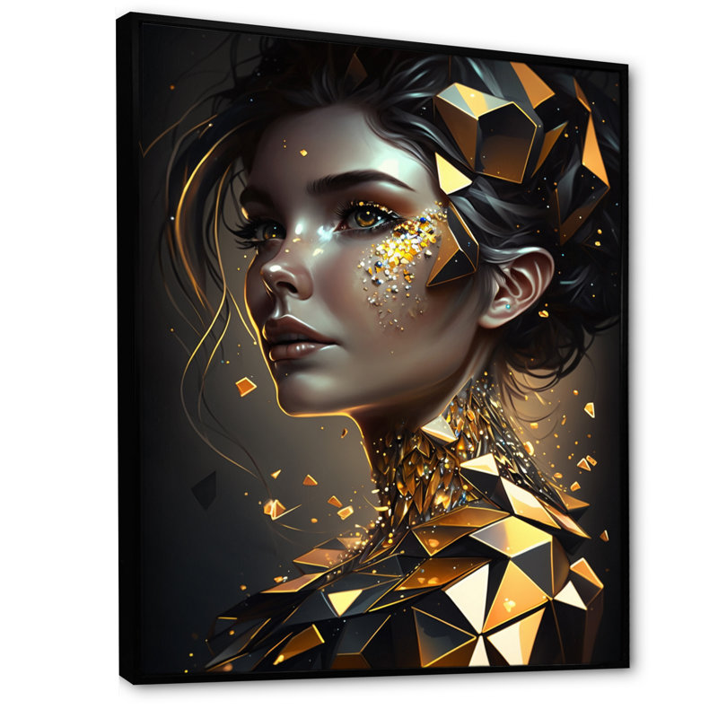 Portrait de femme en cristal doré III, H 44 po x l 34 po x P 1,5 po, Toile avec cadre flottant noir