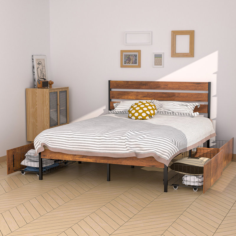 Base de lit grand format Suheil avec 4 tiroirs de rangement, lit plateforme en bois brun rustique et en métal avec tiroirs sous le lit, cadre de lit grand de style campagnard industriel, aucun sommier nécessaire