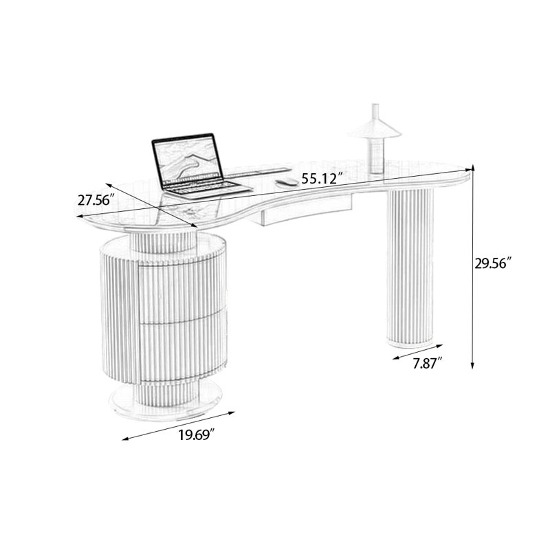 Bureau courbé en cristal fritté + bois manufacturé avec 3 tiroirs, H 29,56 po x l 55,12 po x P 27,56 po, Retour à gauche