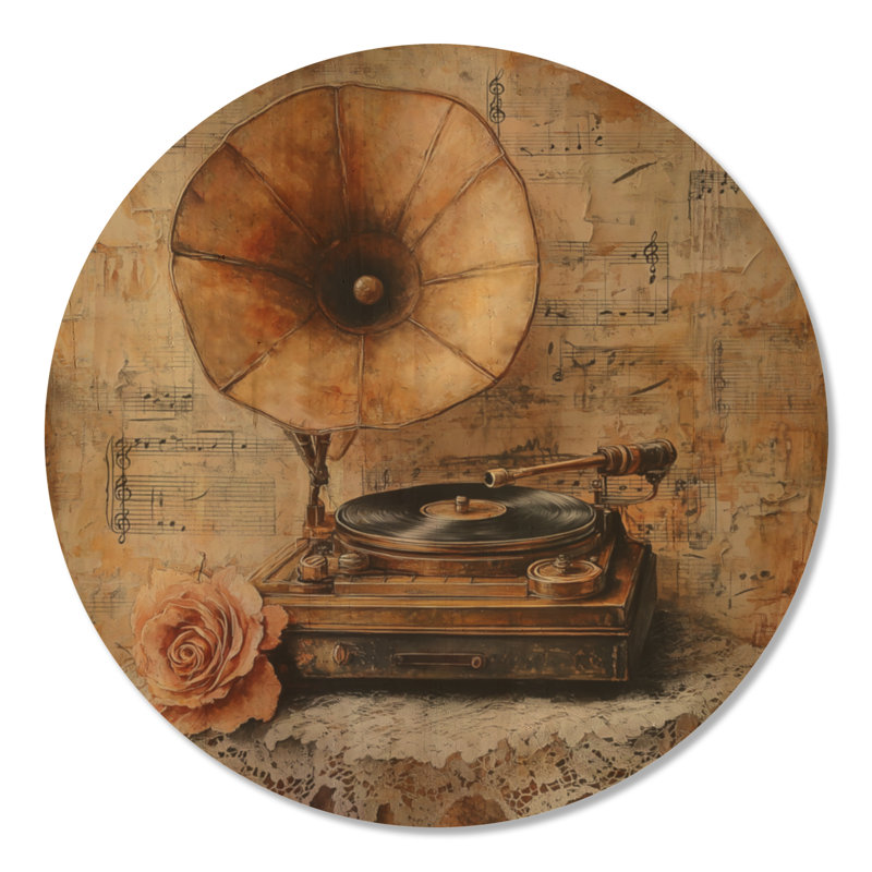 1930 "Gramophone Melody I" - Art mural rond en bois rétro, Rond 36 po