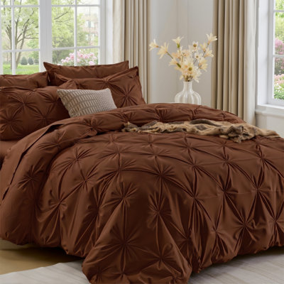 Dark Brown King Size Comforter Set, 7 Pieces Pintuck Bed in a Bag, Pinch Pleat Bed Set, Soft Microfiber All Season Bedding Set.
