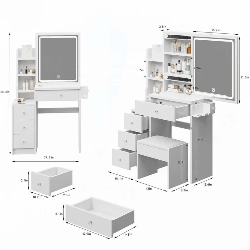 Petite coiffeuse 29,2 po avec tabouret de chevet gauche + tabouret rembourré, 2 blocs d'alimentation CA + 2 ports USB, support pour séchoir à cheveux, très grand miroir à DEL coulissant à contrôle tactile, changement de luminosité tricolore, réglage de la luminosité