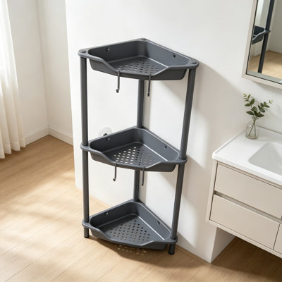 Organisateur de coin de douche sur pieds à 3 niveaux, support en métal et en plastique antirouille pour rangement dans la salle de bain, support d'angle de grande capacité avec crochets, gris