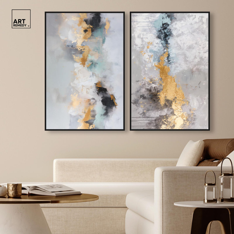 Ensemble de 2 reproductions d'art sur toile Gilded Luxe Duo , Noir, Impression dans un cadre flottant sans passe-parto