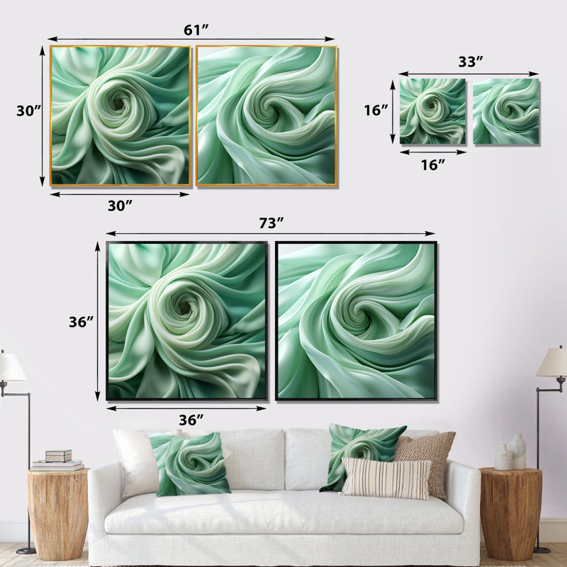 Green Soft Fractal Spirals I - Ensemble de 2 décorations murales spirales abstraites, Toile tendue