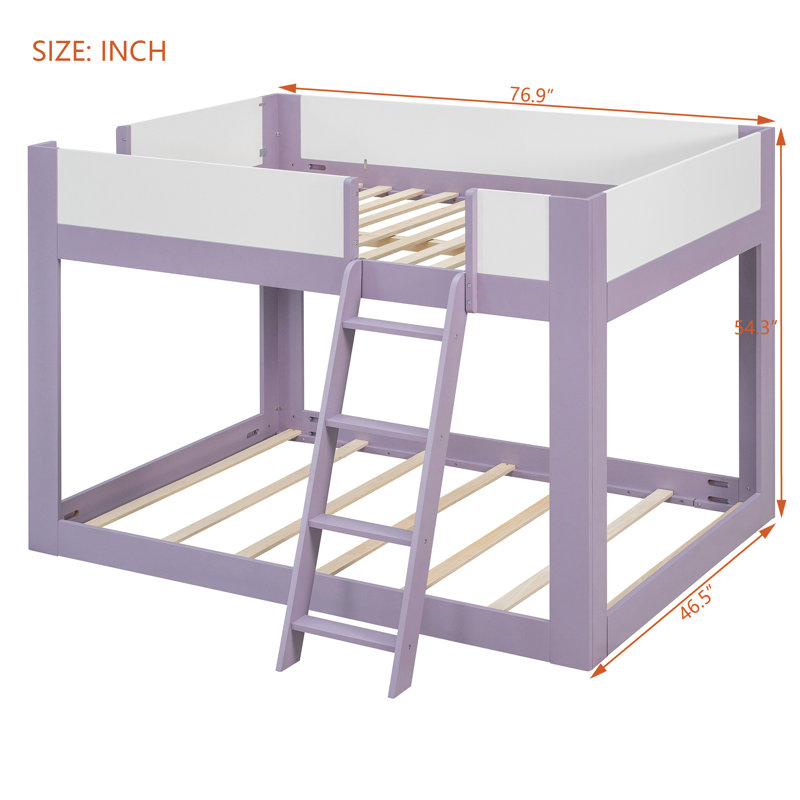 Lit superposé bas double, lit superposé convertible en bois avec échelle réversible et barrières de sécurité, violet et blanc