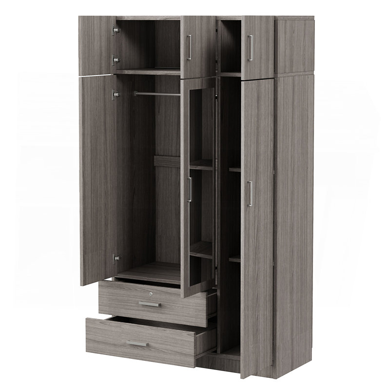 Armoire à miroir 3 portes avec 2 tiroirs et armoire supérieure, Gris