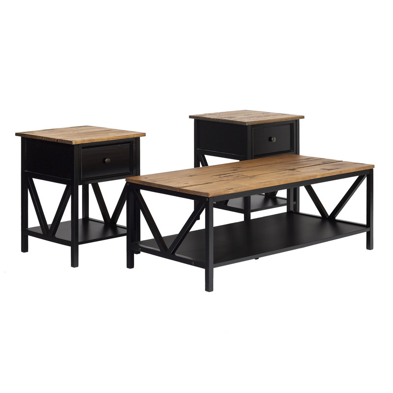 Ensemble de 3 tables basses, Noir, Bois de grange récupéré