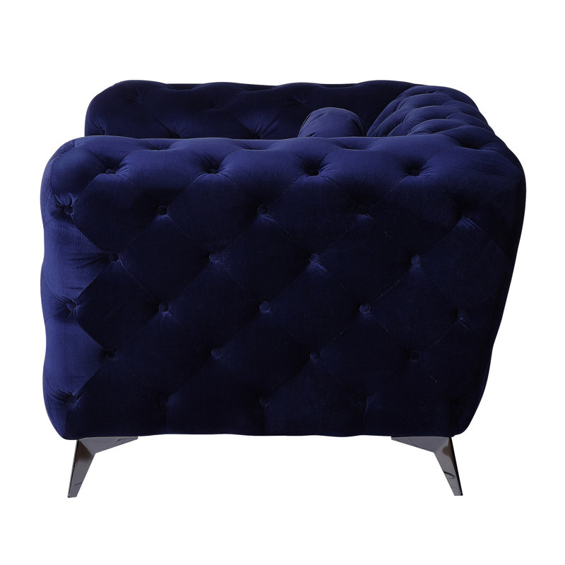 Velours bleu, dossier en forme de kd, coussin de siège de 23 po x 23 po x 5 po, structure en bois, boutons et accoudoirs, pieds en métal de 6 po, capacité de 220 lb, siège à ressorts ensachés, coutures à motif de losanges