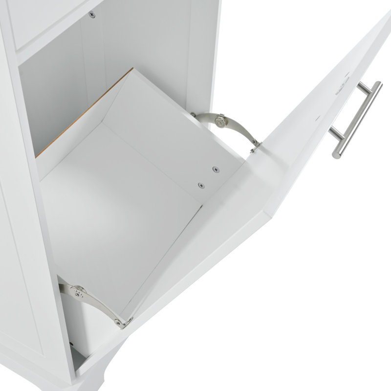 Stylish Kitchen Island Featuring Trash Bin Storage, 5 Wheels, 3 Drawers, Power Charging Station, White Finish Modern With Concealer, Adjustable Shelves, Open Side Shelves