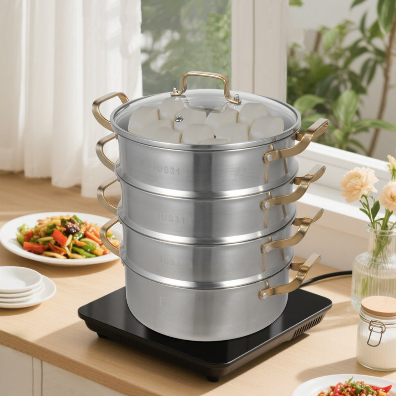 Casserole à vapeur à 4 niveaux en acier inoxydable avec couvercle visuel, 11.02", 4