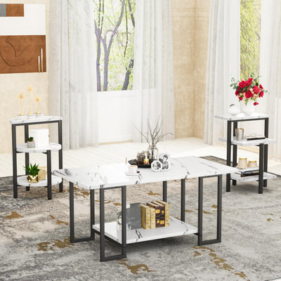 3-Piece Faux Marble Coffee Table Set - Multi-Tier Storage, Nordic Modern Living Room Table Set For Small Space & Apartment by Wrought Studio
