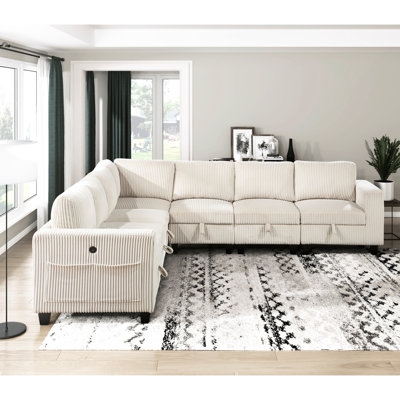 Canapé modulaire en velours côtelé beige avec 7 tiroirs, rangement en contreplaqué moderne