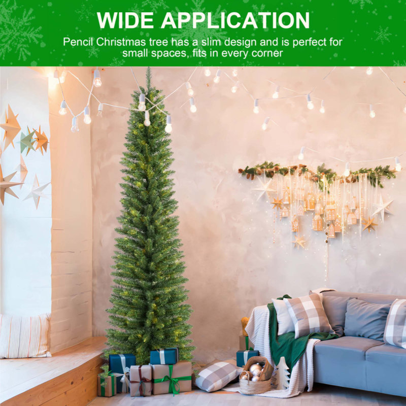 Arbre de Noël au crayon - arbre mince en PVC avec 263 pointes, conception compacte, support en métal stable, parfait pour les petits espaces et les coins