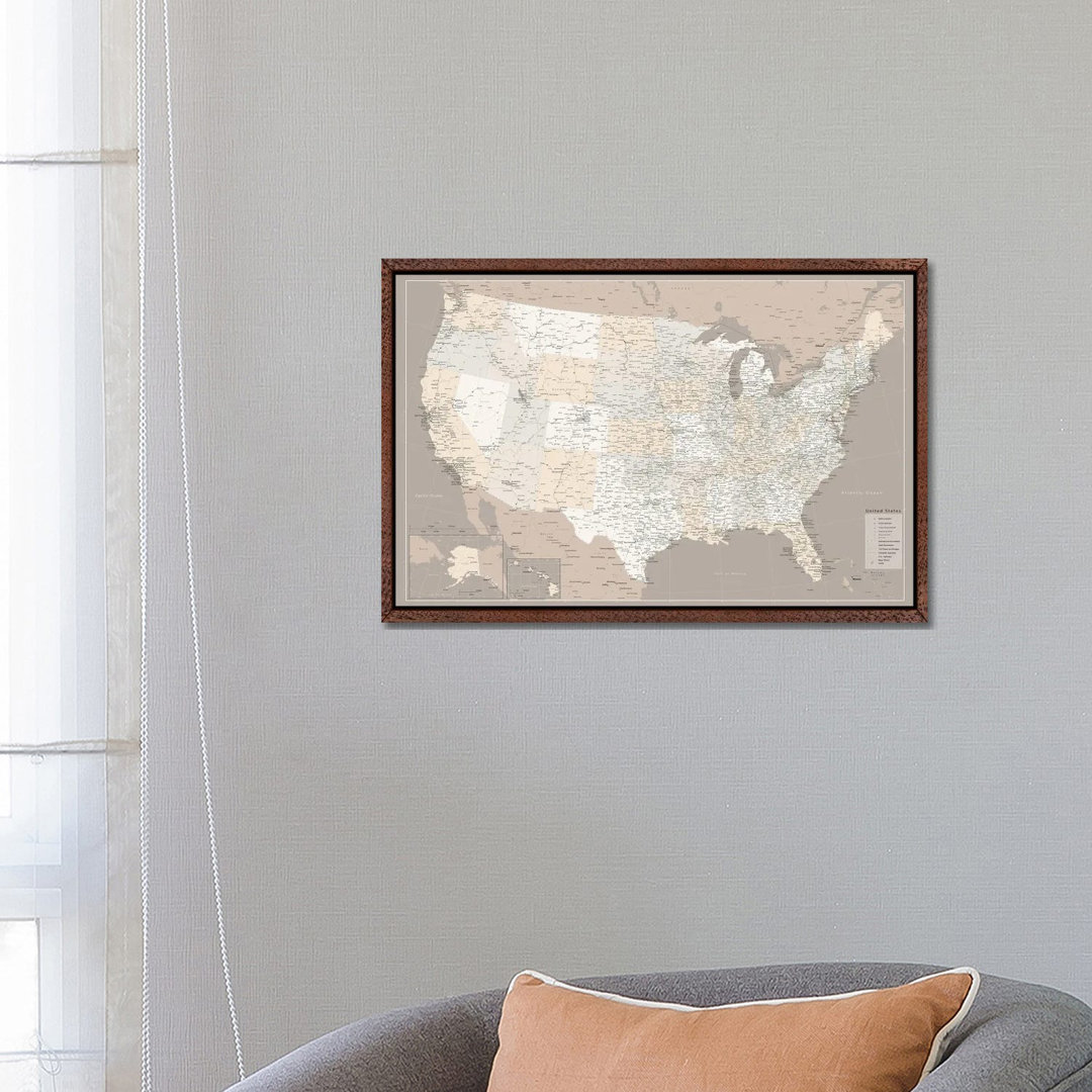 Highly Detailed Map Of The Us With Roads In Brown by Blursbyai - Galerie Giclée auf Leinwand