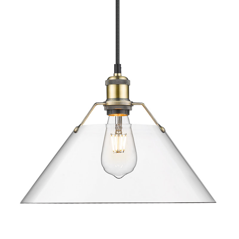 Luminaire suspendu conique à 1 lumière Weatherford, Laiton vieilli, H 131,5 po x l 14 po x P 14 po, Verre transparent
