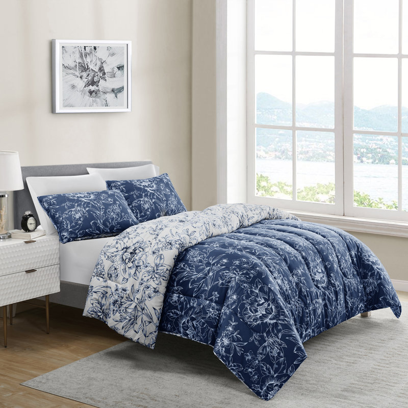 Merveilleux édredon léger floral, ensemble d'édredon 5 pièces pour quatre saisons, Blanc / bleu marine