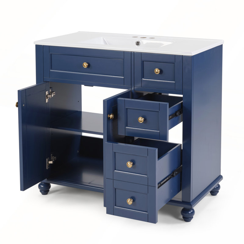 Meuble-lavabo bleu 36 po avec lavabo en céramique, tiroirs à fermeture en douceur et rangement multi-organisateur pour les salles de bain modernes