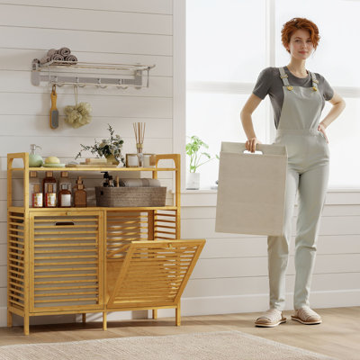 Double Tilt Out Laundry Hamper, Bamboo Laundry Cabinet, Natural