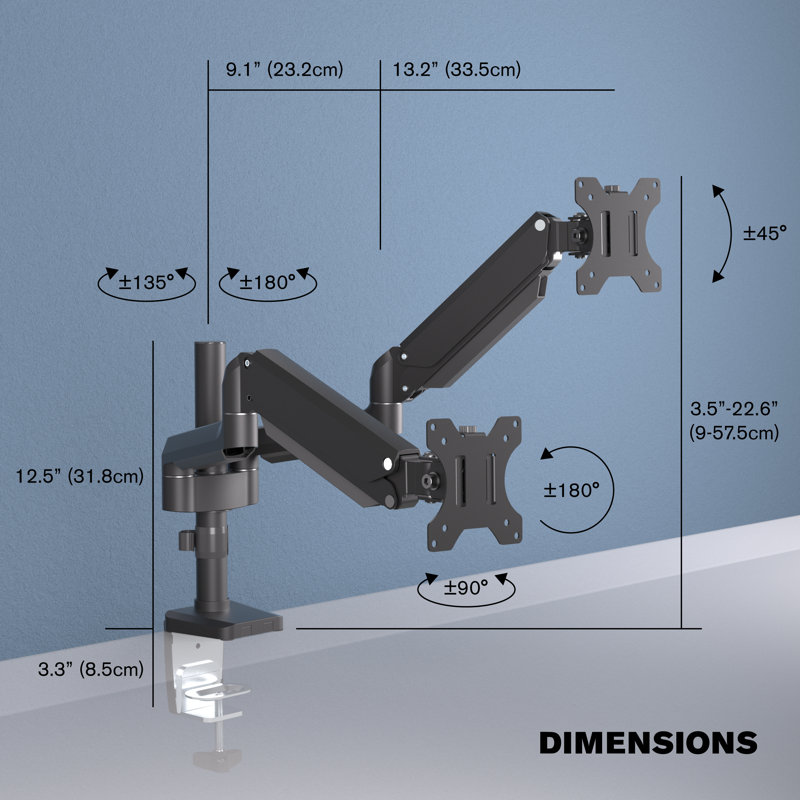 ProMounts Full Motion Gas Spring Dual Monitor Adjustable Desktop Mount for 13-32" Holds 35 lbs