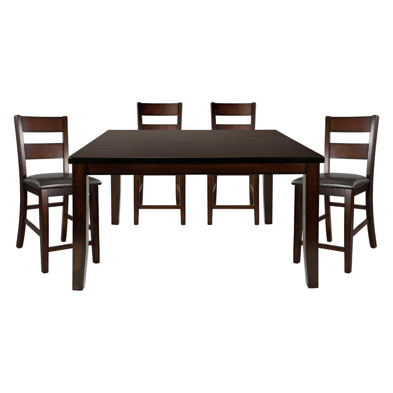 Table de salle à manger 5 pièces à finition cerisier avec rallonge et 4 chaises à hauteur de comptoir en bois de style transitionnel