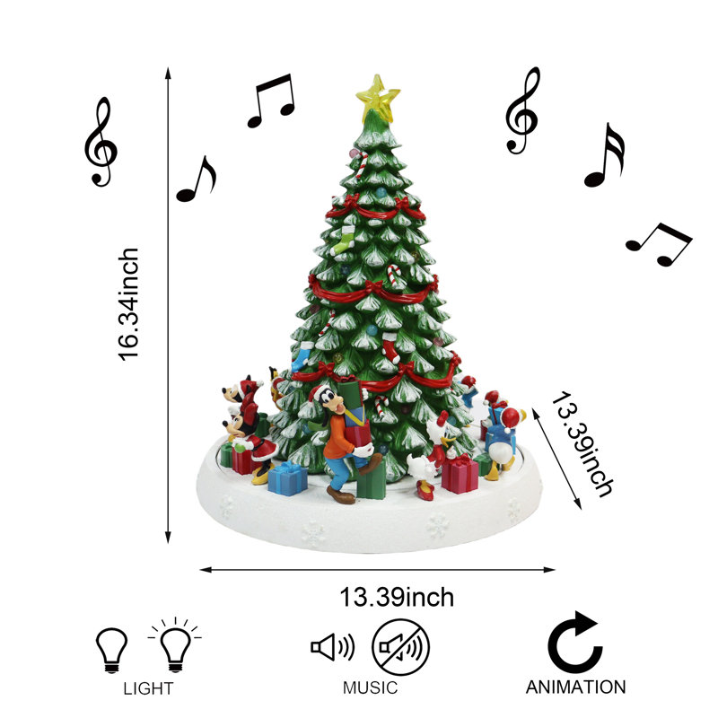 Arbre de Noël animé 16,75 "(personnages en mouvement) - DEL, 8 musique, adaptateur - résine peinte à la main
