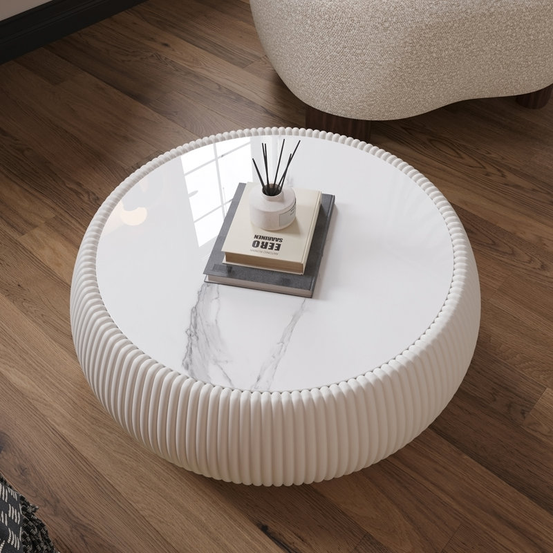 Table basse moderne en cuir clair avec plateau tambour en cuir pour meubles de salon, Does Not Apply, Marble / Beige