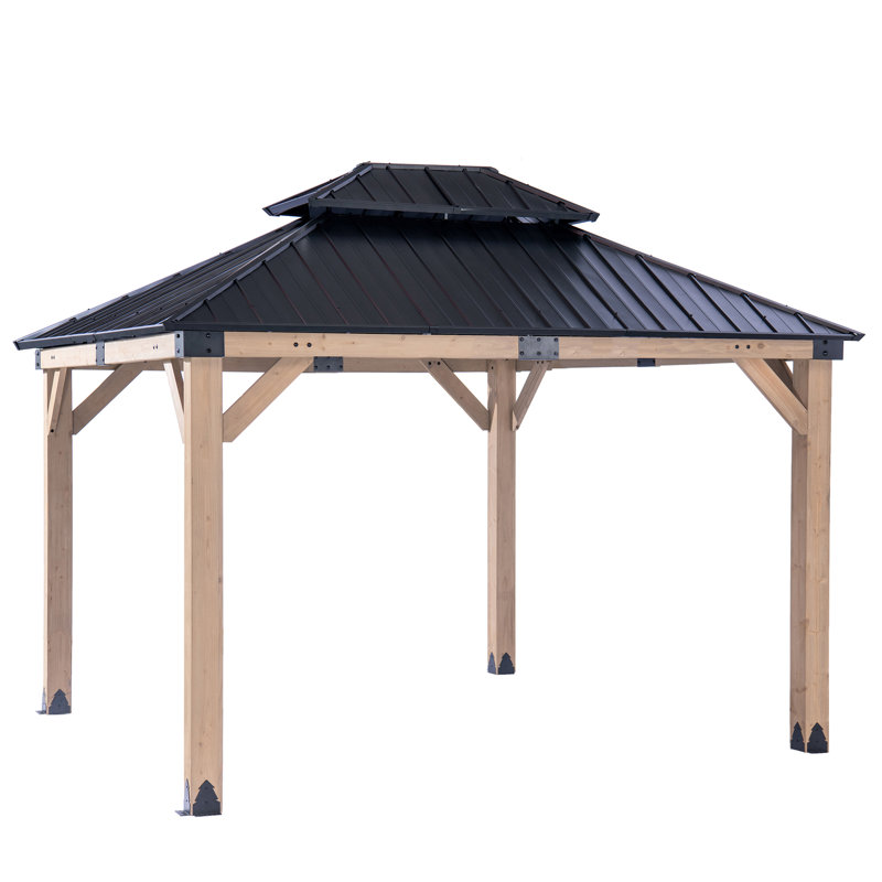 12 Ft. W x 10 Ft. D Cedar Wood Patio Gazebo with Double Metal Roof Hardtop Gazebo, Beige