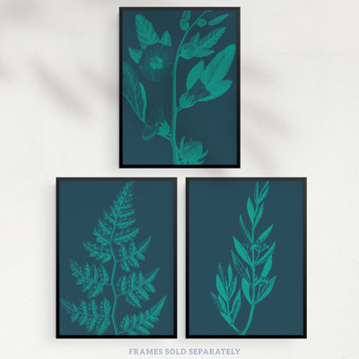 Teal Turquoise Leaves Plant Frond And Tree Blooms Botanical - 3 Piece No Frame Print Set