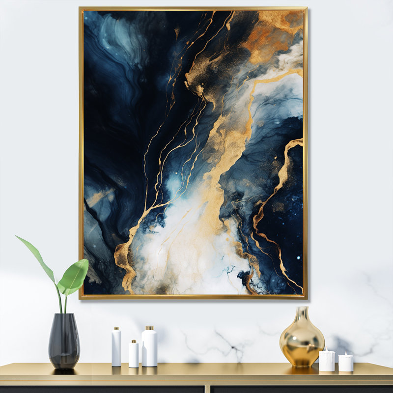 Or et bleu, peinture abstraite sur marbre II - décoration murale en marbre, H 40 po x l 30 po x P 1,5 po, Cadre flottant doré