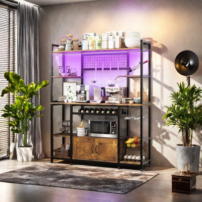 Bakers Rack With Power Outlet And Led Light, Farmhouse Coffee Bar Cabinet