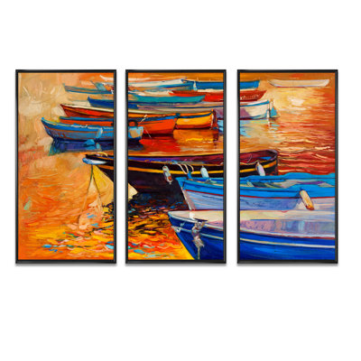«Bateaux dans le port pendant un coucher de soleil chaud», reproduction d'art sur toile 3 pièces