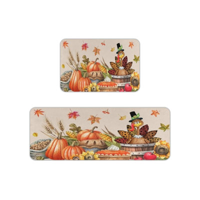 Beige Thanksgiving Turkey Kitchen Mats, 2 Pack Rustic Rugs For Kitchen & Cabin