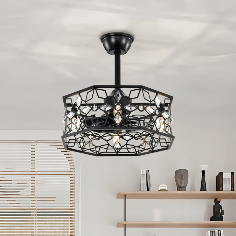 18.1" Modern Black Caged Ceiling Fan with Remote and Crystal Light Kit