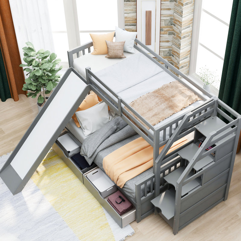 Lit superposé simple au-dessus de double gris avec caractéristiques multifonctionnelles - Comprend des tiroirs et un tiroir de rangement à finition lisse. Conception sécuritaire. Mobilier de chambre pratique peu encombrant. Buffer Slide