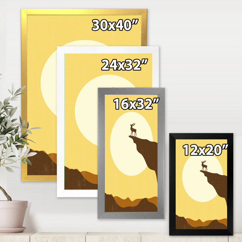 «Minimalistic Deer at Sunset on Mountain Top Sunset», impression sur toile, H 32 po x l 24 po x 1,5 po, Toile encadrée d'or