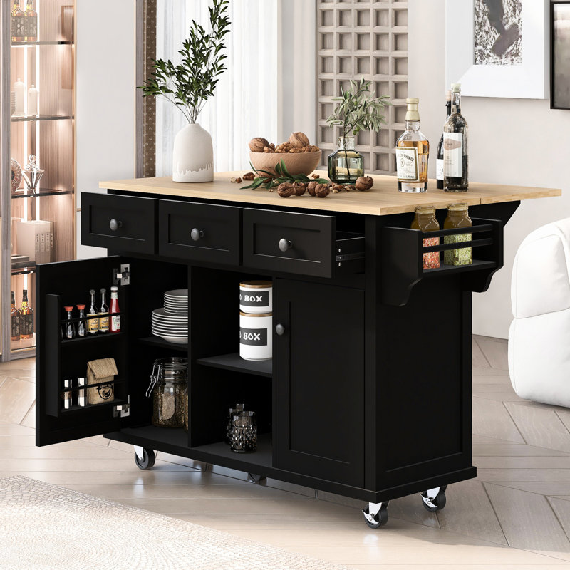 Large Storage Space Kitchen Cart With Solid Wood Cabinet Feet Drop Door And Movement, Black