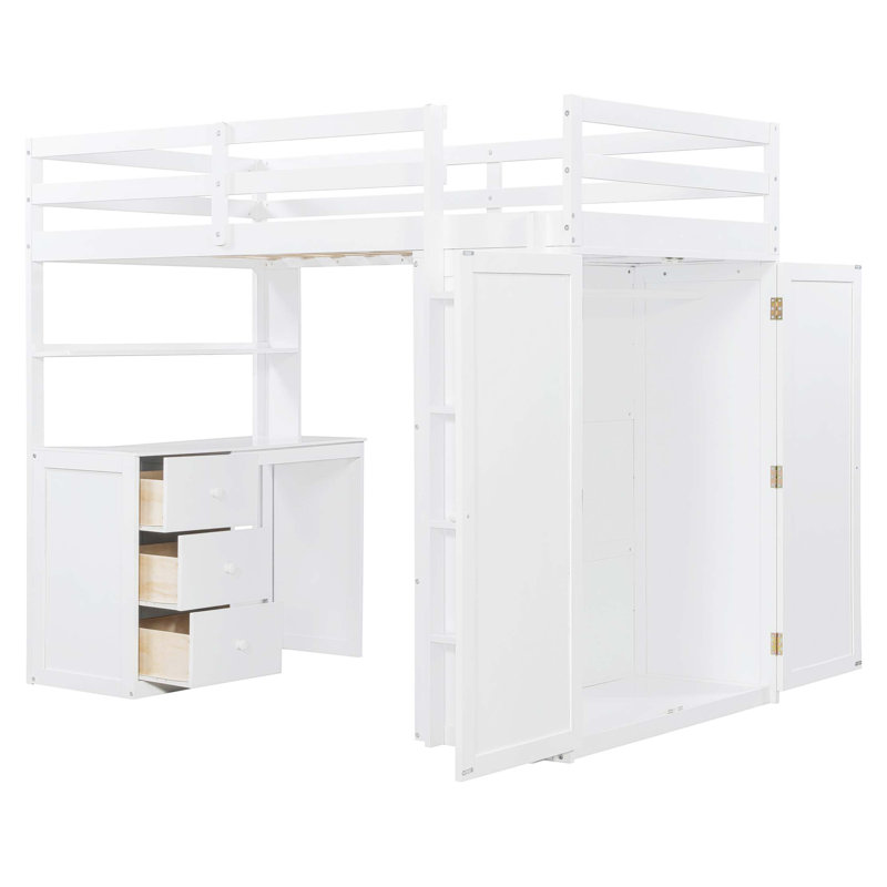 Lit mezzanine avec tiroirs, bureau et armoire - Blanc, Lit double, Blanc