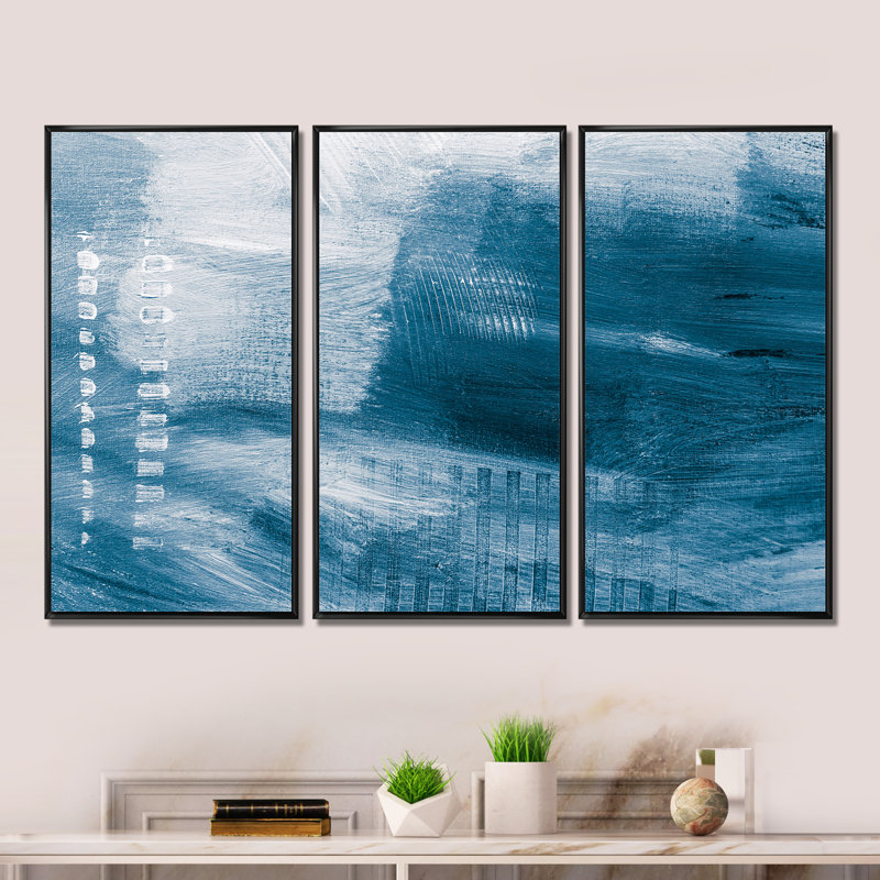 Shades Of Creative Blue - 3 pièces, peinture sur toile, H 28 po x l 36 po, Cadre noir