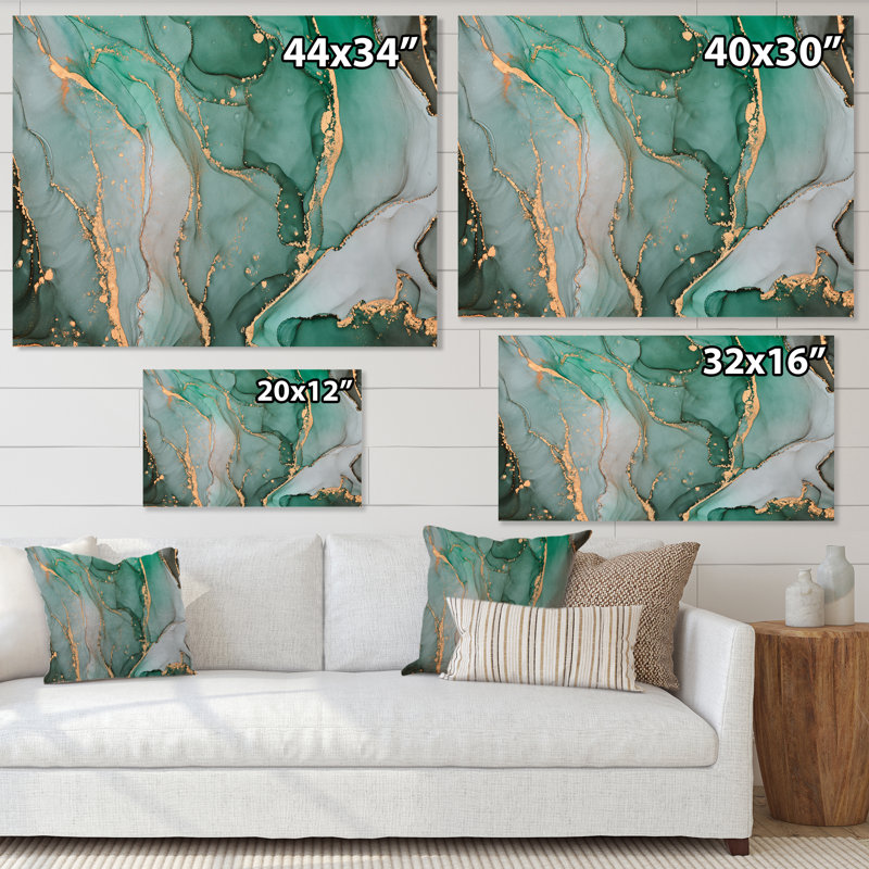 Turquoise et gris, art abstrait fluide de luxe III, reproduction sur toile, H 16 po x l 32 po, Toile tendue