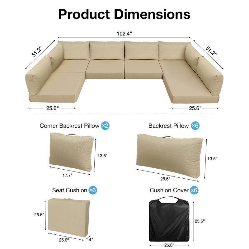 14 Piece Set Of Outdoor Replacement Cushions, For Patio Furniture, Waterproof, Stain Resistant, Fade Resistant, Heat Pressing TPU, Outdoor Olefin Fabric, Suitable For 6-Seater Sofa Cushions