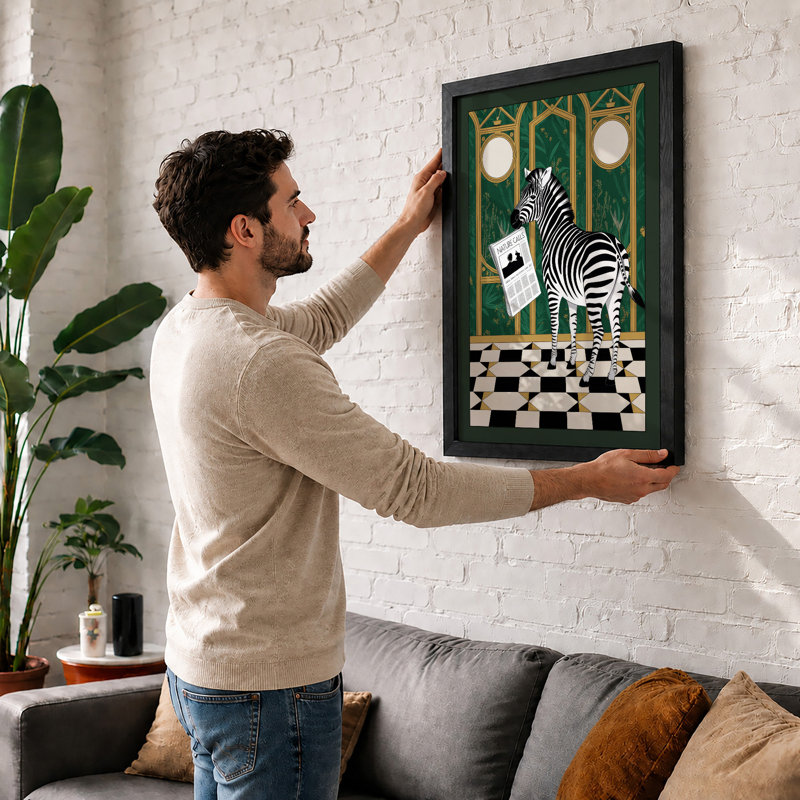 Deco Zebra With News Art Deco - Framed Print, A2 - 59.4 x 42.0 cm, Black