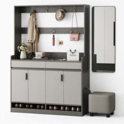 This entryway cabinet is perfect for home use. It offers ample storage space and includes a coat rack and shoe rack for added practicality.