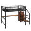 Lit mezzanine double en métal avec bureau, escalier de rangement, petite armoire et lumière DEL-631597292