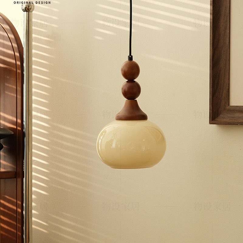 Luminaire suspendu artistique en verre avec détails en bois, Crème, crème